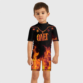 Детский купальный костюм 3D с принтом Олег в Екатеринбурге, Полиэстер 85%, Спандекс 15% | застежка на молнии на спине | black background | chain | fire | name | oleg | stars | звезды | имя | огонь | олег | цепь | черный фон