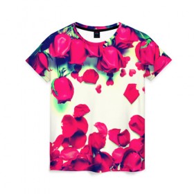 Женская футболка 3D с принтом Розовые розы в Екатеринбурге, 100% полиэфир ( синтетическое хлопкоподобное полотно) | прямой крой, круглый вырез горловины, длина до линии бедер | лепестки | цветы