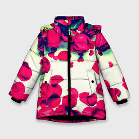 Зимняя куртка для девочек 3D с принтом Розовые розы в Екатеринбурге, ткань верха — 100% полиэстер; подклад — 100% полиэстер, утеплитель — 100% полиэстер. | длина ниже бедра, удлиненная спинка, воротник стойка и отстегивающийся капюшон. Есть боковые карманы с листочкой на кнопках, утяжки по низу изделия и внутренний карман на молнии. 

Предусмотрены светоотражающий принт на спинке, радужный светоотражающий элемент на пуллере молнии и на резинке для утяжки. | лепестки | цветы