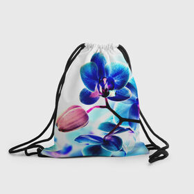 Рюкзак-мешок 3D с принтом Орхидея в Екатеринбурге, 100% полиэстер | плотность ткани — 200 г/м2, размер — 35 х 45 см; лямки — толстые шнурки, застежка на шнуровке, без карманов и подкладки | лютики | синий | цветы