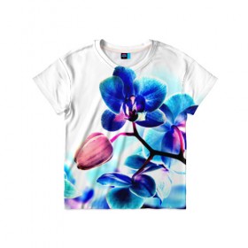 Детская футболка 3D с принтом Орхидея в Екатеринбурге, 100% гипоаллергенный полиэфир | прямой крой, круглый вырез горловины, длина до линии бедер, чуть спущенное плечо, ткань немного тянется | Тематика изображения на принте: лютики | синий | цветы