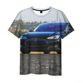 Мужская футболка 3D с принтом Tesla в Екатеринбурге, 100% полиэфир | прямой крой, круглый вырез горловины, длина до линии бедер | 