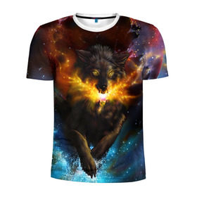 Мужская футболка 3D спортивная с принтом Космоволк в Екатеринбурге, 100% полиэстер с улучшенными характеристиками | приталенный силуэт, круглая горловина, широкие плечи, сужается к линии бедра | Тематика изображения на принте: волк | вселенная | галактика | звёзды | космос | оскал | пламя | созвездие