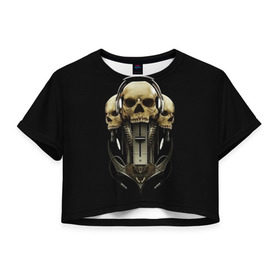 Женская футболка 3D укороченная с принтом DJ череп в Екатеринбурге, 100% полиэстер | круглая горловина, длина футболки до линии талии, рукава с отворотами | dj | music | диджей | клуб | музыка | наушники | череп