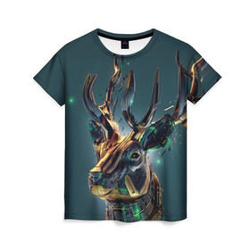 Женская футболка 3D с принтом Золотой олень в Екатеринбурге, 100% полиэфир ( синтетическое хлопкоподобное полотно) | прямой крой, круглый вырез горловины, длина до линии бедер | животные | золото | олень | природа | рога