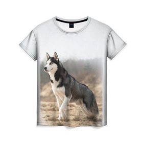 Женская футболка 3D с принтом Хаски в Екатеринбурге, 100% полиэфир ( синтетическое хлопкоподобное полотно) | прямой крой, круглый вырез горловины, длина до линии бедер | dog | husky | siberia | север | сибирь | собака | хаски