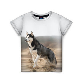 Детская футболка 3D с принтом Хаски в Екатеринбурге, 100% гипоаллергенный полиэфир | прямой крой, круглый вырез горловины, длина до линии бедер, чуть спущенное плечо, ткань немного тянется | Тематика изображения на принте: dog | husky | siberia | север | сибирь | собака | хаски