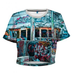 Женская футболка 3D укороченная с принтом Гранж в Екатеринбурге, 100% полиэстер | круглая горловина, длина футболки до линии талии, рукава с отворотами | sity | urban | город | гранж | граффити | текст
