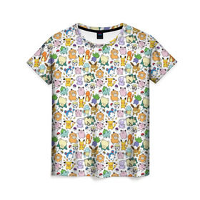 Женская футболка 3D с принтом Pokemon Doodle Big в Екатеринбурге, 100% полиэфир ( синтетическое хлопкоподобное полотно) | прямой крой, круглый вырез горловины, длина до линии бедер | pokemon go | бульбозавр | пикачу | покебол | покемон | покемоны | псидак | слоупок | снорлакс | чермандер
