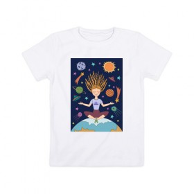 Детская футболка хлопок с принтом Йога и гармония в Екатеринбурге, 100% хлопок | круглый вырез горловины, полуприлегающий силуэт, длина до линии бедер | Тематика изображения на принте: девушка | единение | звезды | йога | космос | медитация | планета