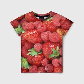 Детская футболка 3D с принтом Ягоды в Екатеринбурге, 100% гипоаллергенный полиэфир | прямой крой, круглый вырез горловины, длина до линии бедер, чуть спущенное плечо, ткань немного тянется | десерт | еда | клубника | красный | малина | сладкое | ягоды