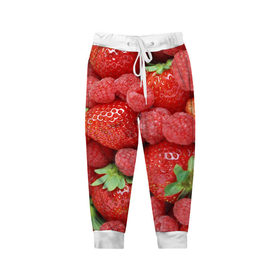Детские брюки 3D с принтом Ягоды в Екатеринбурге, 100% полиэстер | манжеты по низу, эластичный пояс регулируется шнурком, по бокам два кармана без застежек, внутренняя часть кармана из мелкой сетки | десерт | еда | клубника | красный | малина | сладкое | ягоды