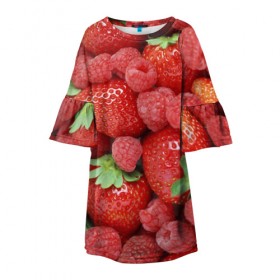 Детское платье 3D с принтом Ягоды в Екатеринбурге, 100% полиэстер | прямой силуэт, чуть расширенный к низу. Круглая горловина, на рукавах — воланы | Тематика изображения на принте: десерт | еда | клубника | красный | малина | сладкое | ягоды