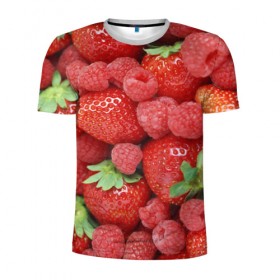 Мужская футболка 3D спортивная с принтом Ягоды в Екатеринбурге, 100% полиэстер с улучшенными характеристиками | приталенный силуэт, круглая горловина, широкие плечи, сужается к линии бедра | десерт | еда | клубника | красный | малина | сладкое | ягоды