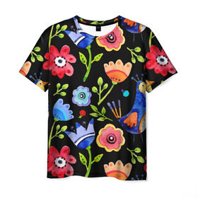 Мужская футболка 3D с принтом цветочный принт в Екатеринбурге, 100% полиэфир | прямой крой, круглый вырез горловины, длина до линии бедер | акварель | графика | зелень | лес | лето | листья | принт | рисунок | цветок