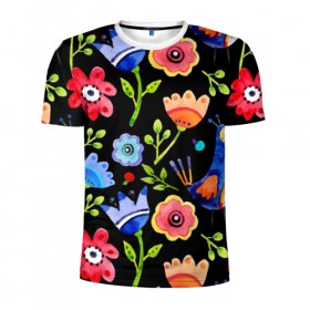 Мужская футболка 3D спортивная с принтом цветочный принт в Екатеринбурге, 100% полиэстер с улучшенными характеристиками | приталенный силуэт, круглая горловина, широкие плечи, сужается к линии бедра | акварель | графика | зелень | лес | лето | листья | принт | рисунок | цветок