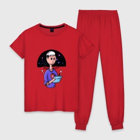 Женская пижама хлопок с принтом Дизайнер-иллюстратор в Екатеринбурге, 100% хлопок | брюки и футболка прямого кроя, без карманов, на брюках мягкая резинка на поясе и по низу штанин | веб | дизайнер | иллюстратор | космос | сердце