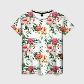 Женская футболка 3D с принтом Цветы и бабочки 1 в Екатеринбурге, 100% полиэфир ( синтетическое хлопкоподобное полотно) | прямой крой, круглый вырез горловины, длина до линии бедер | нежный | паттерн | цветочный
