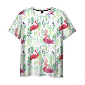 Мужская футболка 3D с принтом Цветы и бабочки 2 в Екатеринбурге, 100% полиэфир | прямой крой, круглый вырез горловины, длина до линии бедер | Тематика изображения на принте: растения | фламинго