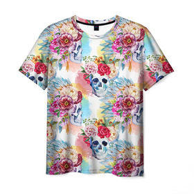 Мужская футболка 3D с принтом Цветы и бабочки 5 в Екатеринбурге, 100% полиэфир | прямой крой, круглый вырез горловины, длина до линии бедер | акварель | нежный | паттерн | цветочек | цветочный