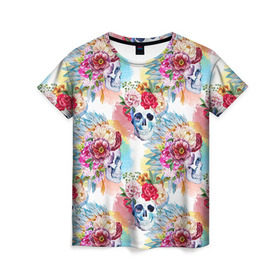 Женская футболка 3D с принтом Цветы и бабочки 5 в Екатеринбурге, 100% полиэфир ( синтетическое хлопкоподобное полотно) | прямой крой, круглый вырез горловины, длина до линии бедер | акварель | нежный | паттерн | цветочек | цветочный