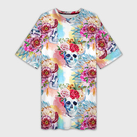 Платье-футболка 3D с принтом Цветы и бабочки 5 в Екатеринбурге,  |  | акварель | нежный | паттерн | цветочек | цветочный
