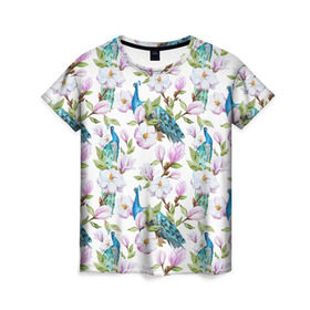 Женская футболка 3D с принтом Цветы и бабочки 6 в Екатеринбурге, 100% полиэфир ( синтетическое хлопкоподобное полотно) | прямой крой, круглый вырез горловины, длина до линии бедер | акварель | нежный | паттерн | цветочек | цветочный