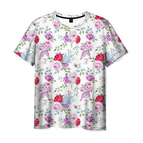 Мужская футболка 3D с принтом Цветы и бабочки 8 в Екатеринбурге, 100% полиэфир | прямой крой, круглый вырез горловины, длина до линии бедер | акварель | бабочка | нежный | рисунок | роза | сирень | цветочек | цветочный | цветы