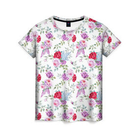 Женская футболка 3D с принтом Цветы и бабочки 8 в Екатеринбурге, 100% полиэфир ( синтетическое хлопкоподобное полотно) | прямой крой, круглый вырез горловины, длина до линии бедер | акварель | бабочка | нежный | рисунок | роза | сирень | цветочек | цветочный | цветы