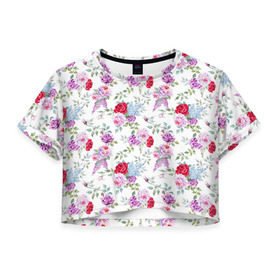Женская футболка 3D укороченная с принтом Цветы и бабочки 8 в Екатеринбурге, 100% полиэстер | круглая горловина, длина футболки до линии талии, рукава с отворотами | акварель | бабочка | нежный | рисунок | роза | сирень | цветочек | цветочный | цветы