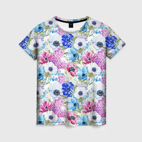 Женская футболка 3D с принтом Цветы и бабочки 9 в Екатеринбурге, 100% полиэфир ( синтетическое хлопкоподобное полотно) | прямой крой, круглый вырез горловины, длина до линии бедер | акварель | нежный | паттерн | цветочек | цветочный