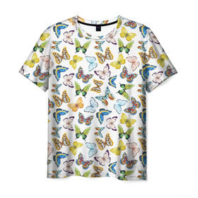 Мужская футболка 3D с принтом Цветы и бабочки 11 в Екатеринбурге, 100% полиэфир | прямой крой, круглый вырез горловины, длина до линии бедер | акварель | бабочка | нежный | рисунок | роза | сирень | цветочек | цветочный | цветы