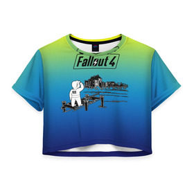 Женская футболка 3D укороченная с принтом Волт-бой Fallout 4 в Екатеринбурге, 100% полиэстер | круглая горловина, длина футболки до линии талии, рукава с отворотами | fallout 4 | vault boy | волт бой | фаллаут