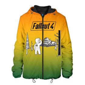 Мужская куртка 3D с принтом Волт-бой 111 Fallout 4 в Екатеринбурге, ткань верха — 100% полиэстер, подклад — флис | прямой крой, подол и капюшон оформлены резинкой с фиксаторами, два кармана без застежек по бокам, один большой потайной карман на груди. Карман на груди застегивается на липучку | Тематика изображения на принте: fallout 4 | vault boy | волт бой | фаллаут