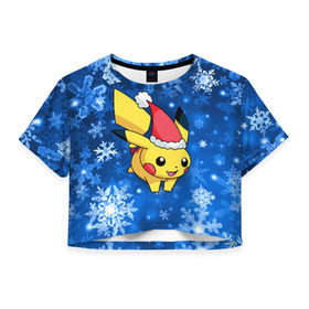 Женская футболка 3D укороченная с принтом Pikachu в Екатеринбурге, 100% полиэстер | круглая горловина, длина футболки до линии талии, рукава с отворотами | pikachu | pokeboll | pokemon | зима | новый год | пикачу | покеболл | покемон | снежинки