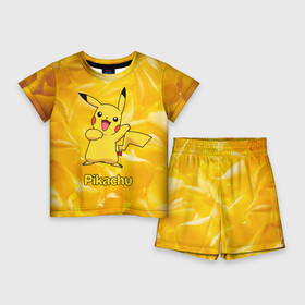 Детский костюм с шортами 3D с принтом Пикачу на золотом фоне в Екатеринбурге,  |  | pikachu | pokeboll | pokemon | пикачу | покеболл | покемон
