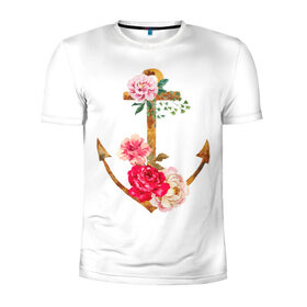 Мужская футболка 3D спортивная с принтом Якорь с цветами в Екатеринбурге, 100% полиэстер с улучшенными характеристиками | приталенный силуэт, круглая горловина, широкие плечи, сужается к линии бедра | акварель | бабочка | нежный | рисунок | роза | сирень | цветочек | цветочный | цветы