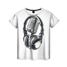 Женская футболка 3D с принтом Диджей в Екатеринбурге, 100% полиэфир ( синтетическое хлопкоподобное полотно) | прямой крой, круглый вырез горловины, длина до линии бедер | dj | klub | music | диджей | клуб | микрофон | музыка | наушники