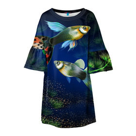 Детское платье 3D с принтом Аквариумные рыбки в Екатеринбурге, 100% полиэстер | прямой силуэт, чуть расширенный к низу. Круглая горловина, на рукавах — воланы | Тематика изображения на принте: аквариум | вода | водоросли | природа | рыба | рыбка | туризм