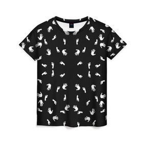 Женская футболка 3D с принтом Отпечатки ладоней и ступней в Екатеринбурге, 100% полиэфир ( синтетическое хлопкоподобное полотно) | прямой крой, круглый вырез горловины, длина до линии бедер | белый | ладонь | нога | отпечаток | рука | ступня | чёрный