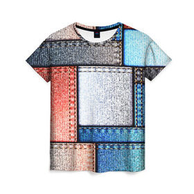Женская футболка 3D с принтом Джинсовый стиль в Екатеринбурге, 100% полиэфир ( синтетическое хлопкоподобное полотно) | прямой крой, круглый вырез горловины, длина до линии бедер | заплатки | разноцветный | текстура | ткань