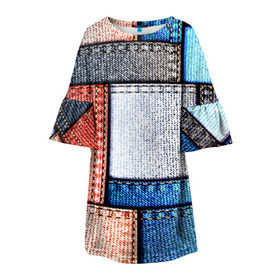 Детское платье 3D с принтом Джинсовый стиль в Екатеринбурге, 100% полиэстер | прямой силуэт, чуть расширенный к низу. Круглая горловина, на рукавах — воланы | Тематика изображения на принте: заплатки | разноцветный | текстура | ткань