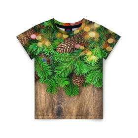 Детская футболка 3D с принтом Елка в Екатеринбурге, 100% гипоаллергенный полиэфир | прямой крой, круглый вырез горловины, длина до линии бедер, чуть спущенное плечо, ткань немного тянется | дерево | елка | зеленый | зима | новый год | шишки