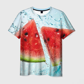 Мужская футболка 3D с принтом Арбуз в Екатеринбурге, 100% полиэфир | прямой крой, круглый вырез горловины, длина до линии бедер | арбуз | арт | вода | косточки | рисунок