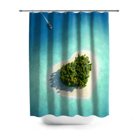 Штора 3D для ванной с принтом Остров в Екатеринбурге, 100% полиэстер | плотность материала — 100 г/м2. Стандартный размер — 146 см х 180 см. По верхнему краю — пластиковые люверсы для креплений. В комплекте 10 пластиковых колец | вода | дерево | лето | море | океан | остров | пальмы | песок | сердечко | сердце | синий