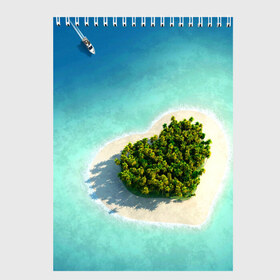 Скетчбук с принтом Остров в Екатеринбурге, 100% бумага
 | 48 листов, плотность листов — 100 г/м2, плотность картонной обложки — 250 г/м2. Листы скреплены сверху удобной пружинной спиралью | вода | дерево | лето | море | океан | остров | пальмы | песок | сердечко | сердце | синий