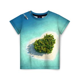 Детская футболка 3D с принтом Остров в Екатеринбурге, 100% гипоаллергенный полиэфир | прямой крой, круглый вырез горловины, длина до линии бедер, чуть спущенное плечо, ткань немного тянется | Тематика изображения на принте: вода | дерево | лето | море | океан | остров | пальмы | песок | сердечко | сердце | синий