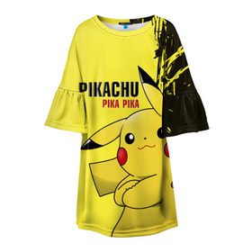 Детское платье 3D с принтом Pikachu Pika Pika в Екатеринбурге, 100% полиэстер | прямой силуэт, чуть расширенный к низу. Круглая горловина, на рукавах — воланы | Тематика изображения на принте: go | pikachu | pokemon | го | пика | пикачу | покемон