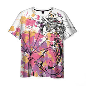 Мужская футболка 3D с принтом Гейша в Екатеринбурге, 100% полиэфир | прямой крой, круглый вырез горловины, длина до линии бедер | веер | девушка | краски | рисунок | цвета | япония