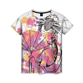 Женская футболка 3D с принтом Гейша в Екатеринбурге, 100% полиэфир ( синтетическое хлопкоподобное полотно) | прямой крой, круглый вырез горловины, длина до линии бедер | веер | девушка | краски | рисунок | цвета | япония